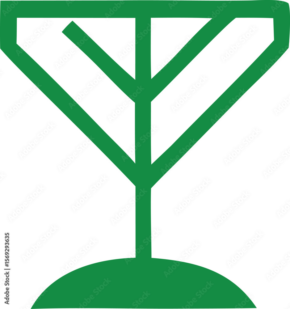 Poster stylized green abstract tree symbol with a rounded base and geometric branches against a white backg