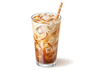 Refreshing Iced Coffee: Creamy, Swirled, Icy Delight in Tall Glass with Striped Straw.