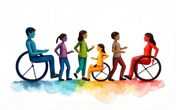 Colorful art watercolor painting depicts a diverse group of International Day of Disabled Persons, disability day, world on the wheelchair wheel, Autistic Awareness Day, healthcare concept