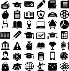 A comprehensive collection of black and white silhouette icons representing various educational tools learning materials and academic symbols