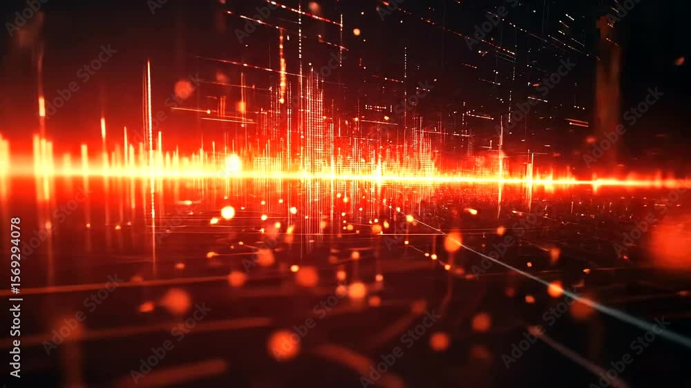 Poster abstract digital red wave technology background with glittering particles and grid lines