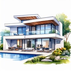 Fototapeta premium Modern White Villa with Pool and Lush Landscaping