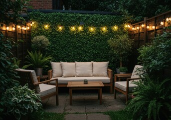 Cozy garden seating area with string lights and lush greenery at dusk