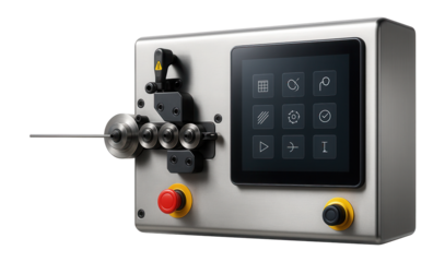 CNC wire bending machine with a touchscreen interface and automatic feed system for producing wire forms in an electronics assembly factory