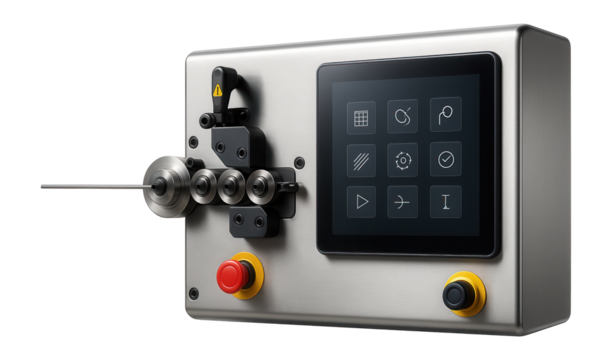 CNC wire bending machine with a touchscreen interface and automatic feed system for producing wire forms in an electronics assembly factory
