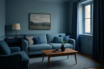 A modern living room interior with elegant blue tones. The walls, sofa, and curtains are all in various shades of blue, creating a calm and serene atmosphere. 