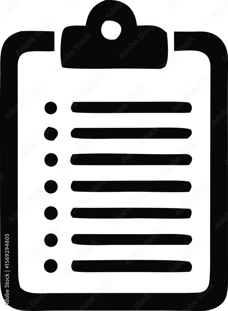 Poster simple black and white icon representing a clipboard with a checklist of bullet points and horizonta