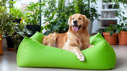 Golden retriever dog relaxing on a green bean bag indoors surrounded by plants