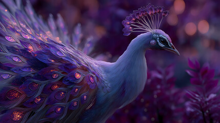Translucent crystal peacock glowing in violet enchanted woods