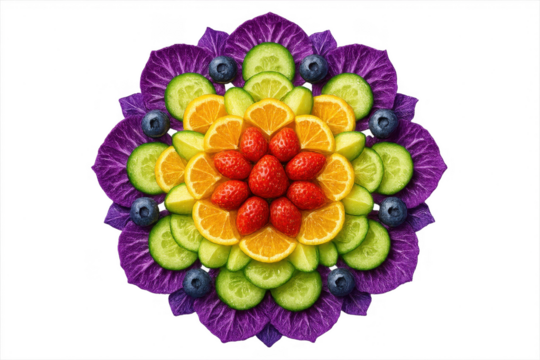 Colorful fruit and vegetable mandala arrangement isolated on transparent background