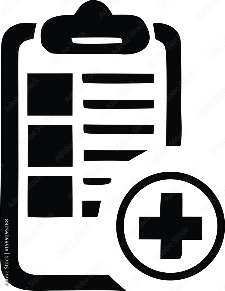 Poster black and white icon representing a medical chart or checklist with a plus sign inside a circle indi