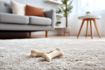 Dog toys on carpet in modern living room with sofa and decor  