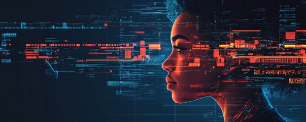 AI cybersecurity threat illustration featuring a school student learning data coding and technology, augmented reality, and artificial intelligence collage, side profile with copy space, Generative AI