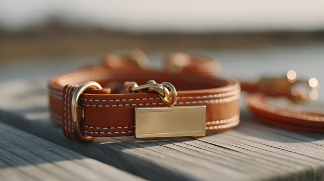 Dog collar with gold tag on wooden surface outdoors in sunlight  