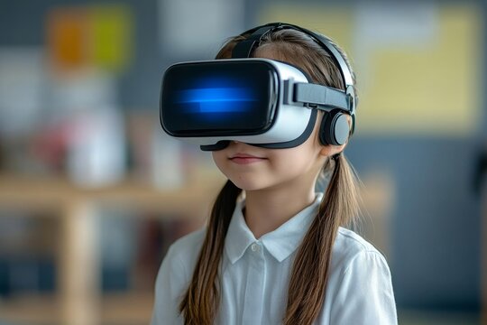 School student with VR headset using AI artificial intelligence technology and machine learning. Interactive technology in the classroom, AI blue hologram in education innovation, Generative AI