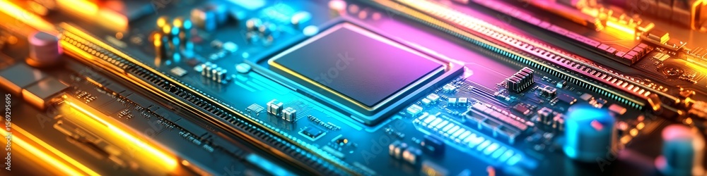 Poster futuristic electronic components showcasing ai integration with advanced motherboard circuit design.