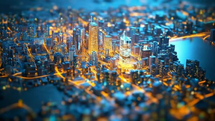 Futuristic city skyline at night, illuminated by glowing lights, showing intricate network of roads and buildings - Powered by Adobe