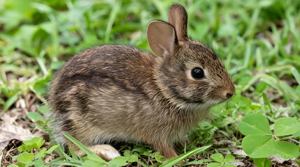 Fototapeta premium Brown rabbit sitting on green grass in a natural setting 