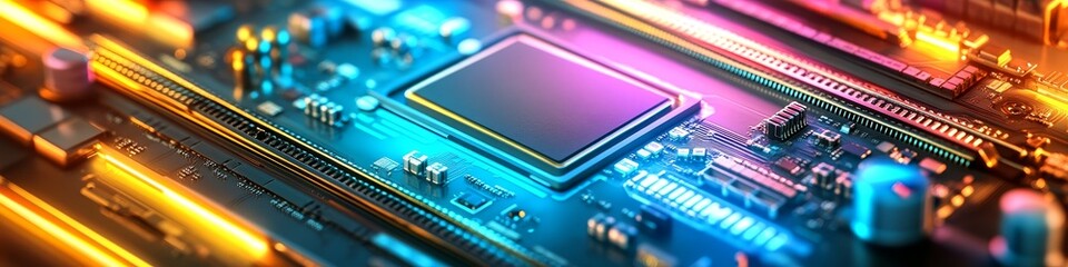Fototapeta premium Futuristic electronic components showcasing AI integration with advanced motherboard circuit design.