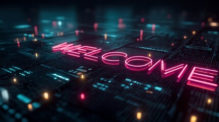 Obraz premium Neon Welcome Sign with Digital Future, and Tech Background.