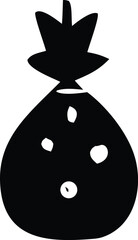 Stylized black silhouette of a bag with a leafy top and scattered white spots representing contents or design elements