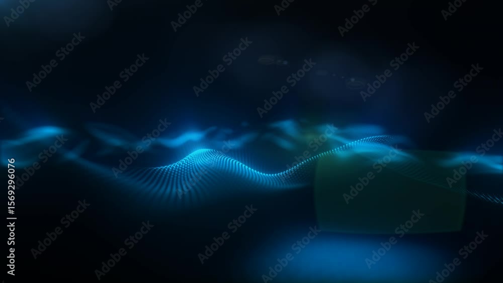 Poster abstract blue digital particles forming wave patterns with soft glow, futuristic tech background