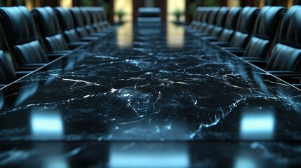 Fototapeta premium Polished black marble conference table, rows of leather chairs