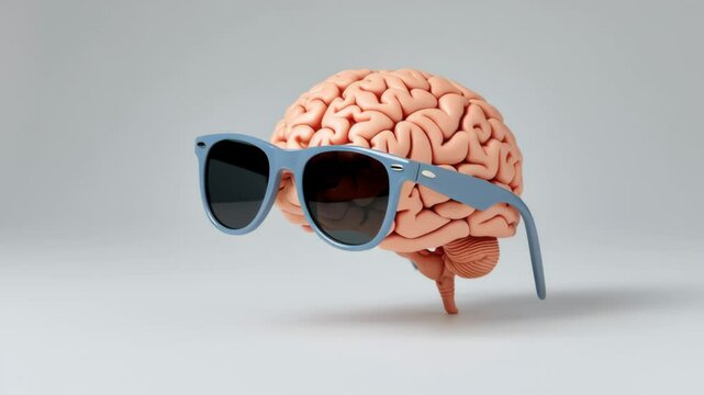 Brain is wearing sunglasses. The sunglasses are blue and black. The brain is sitting on a white background
