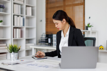 Business finance accounting banking concept. Business woman hand doing finances and calculate on...