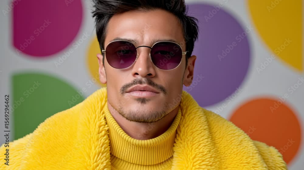 Poster man in a yellow jacket with a mustache and sunglasses. he is standing in front of a colorful wall