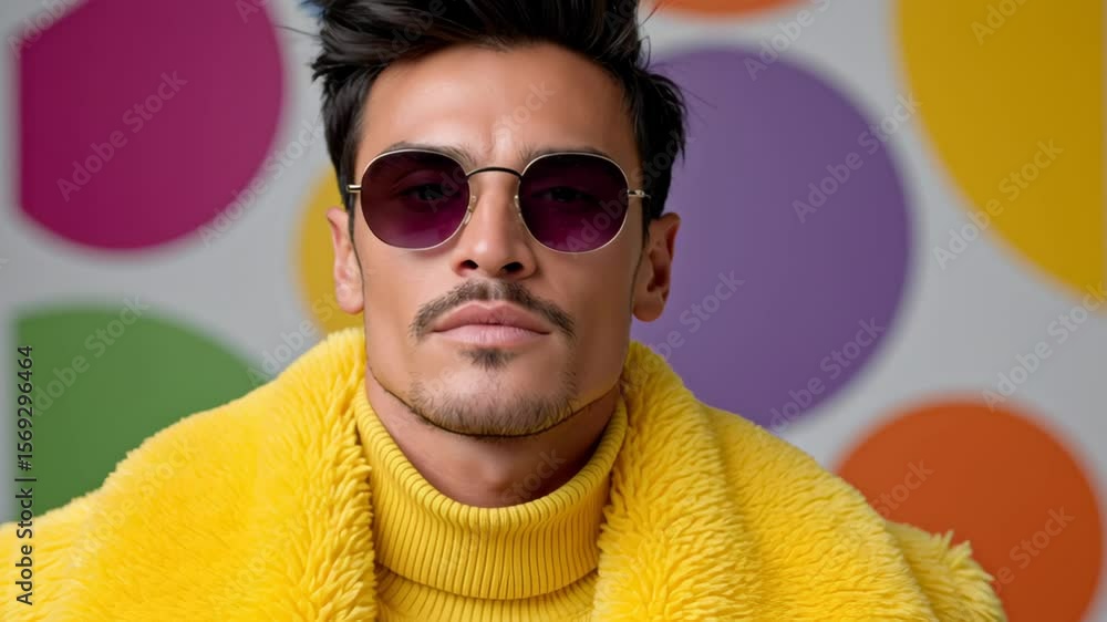 Poster man in a yellow jacket with a mustache and sunglasses. he is standing in front of a colorful backgro