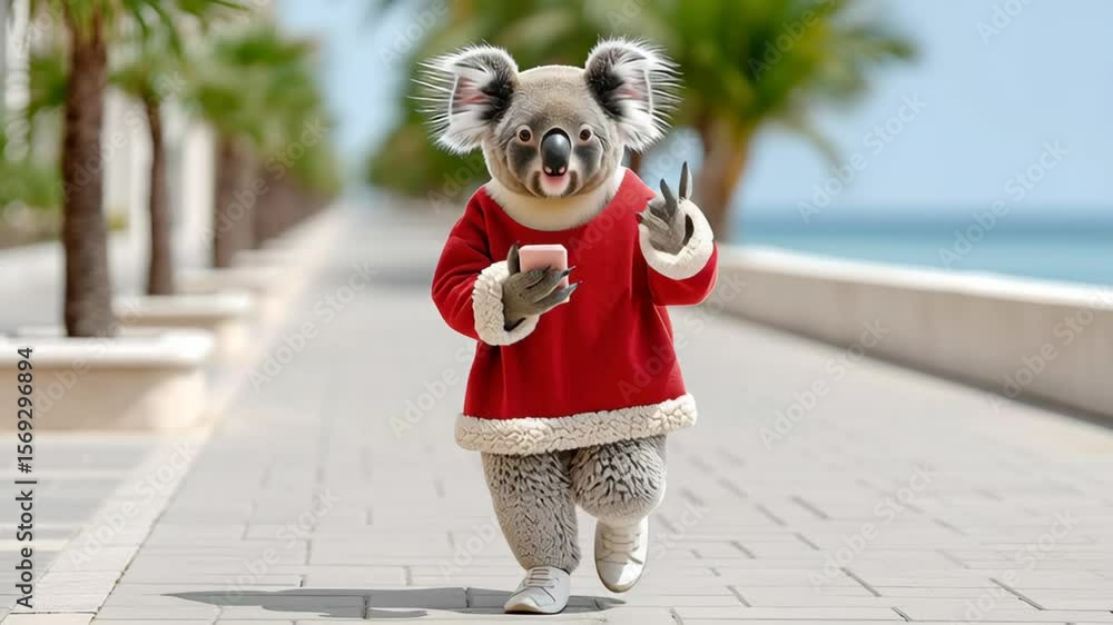Poster koala is walking down a sidewalk while holding a cell phone. the image is a playful and lighthearted