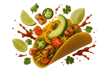 Delicious chicken taco with vibrant ingredients exploding on transparent background