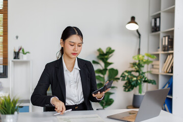 Business finance accounting banking concept. Business woman hand doing finances and calculate on...