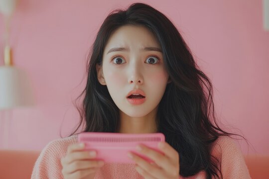 Hair fall problem concept. Shocked Asian woman looking at the amount of hair lost in her hand and comb, worried about thinning hair, Generative AI - Powered by Adobe