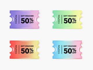 Coupon sale tag label banner. 50 percent discount offer tag with shiny, gradient, pastel, glossy, reflective surface. Sale price promo sign. Special offer symbol.