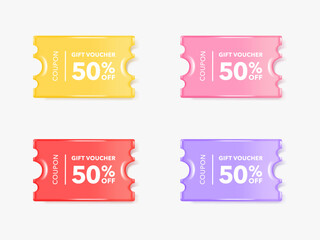 Coupon sale tag label banner. 50 percent discount offer tag with shiny, glossy, reflective surface. Sale price promo sign. Special offer symbol.