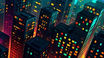 Obraz premium Night Cityscape with Neon Lights, Urban Skyline, and Buildings.