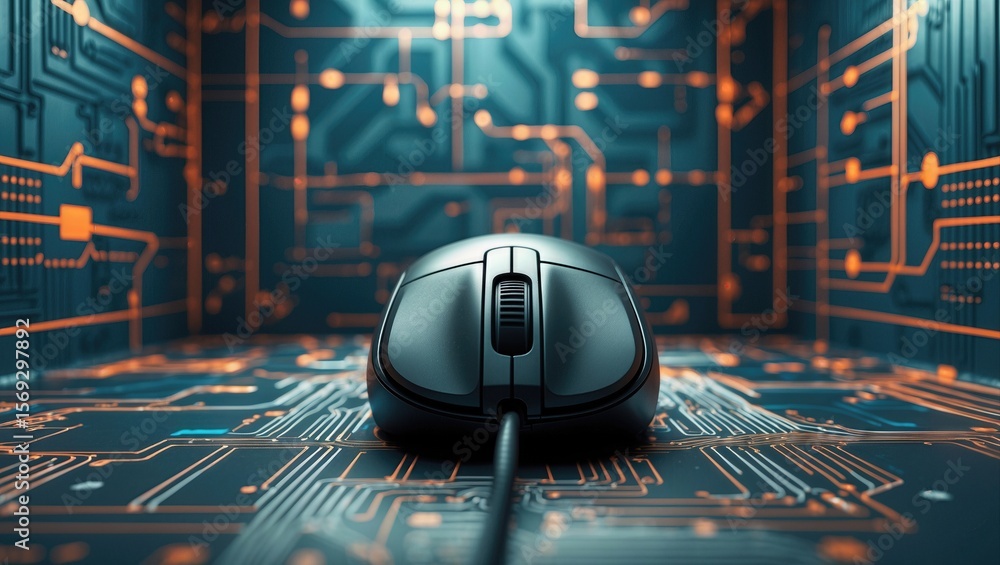 Aufkleber close-up of a computer mouse on a circuit board background with glowing orange lines, showcasing tec