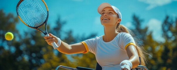 Disabled woman serving in a tennis game. Handicapped female sitting in a wheelchair playing tennis. Inclusive, accessible fun sport exercise, Generative AI