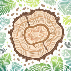 Wood Slice and Leaves Illustration