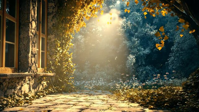 Sunlight streaming through leaves illuminates a tranquil garden path beside a stone house