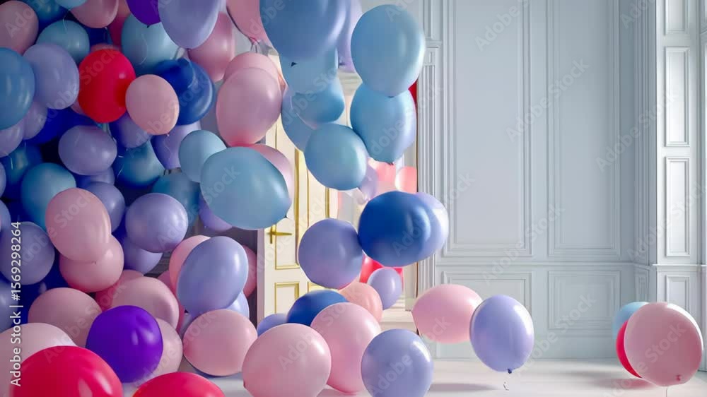 Poster room full of balloons with a door open. the balloons are in various colors and sizes, creating a fun