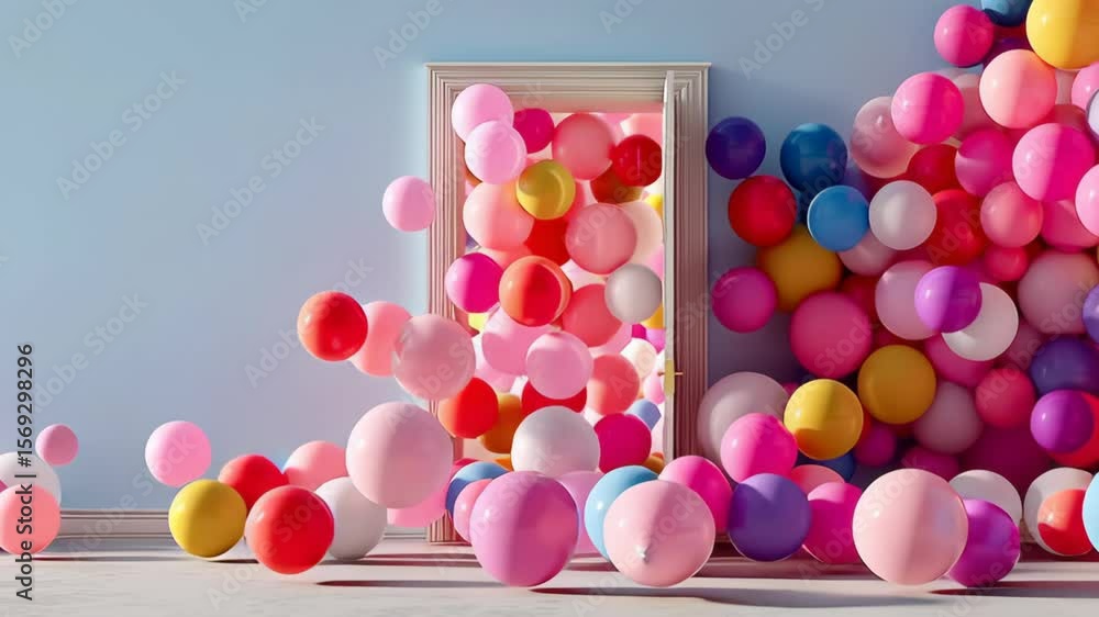 Aufkleber room with a door that is open and a wall full of balloons. the balloons are in various colors and si