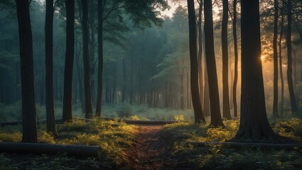 Serene forest path illuminated by golden sunlight piercing through trees in early morning