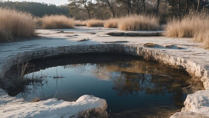 Fototapeta premium Serene Natural Spring Surrounded by Frosted Grasses and Trees in a Tranquil Landscape