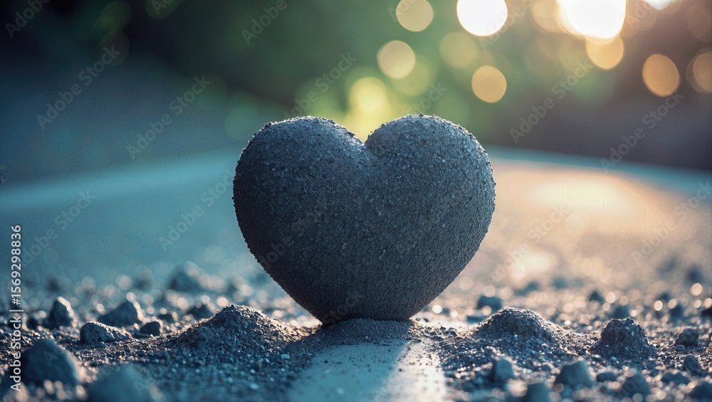 Poster a heart-shaped sculpture made of textured material sits on a surface with soft bokeh background, ill