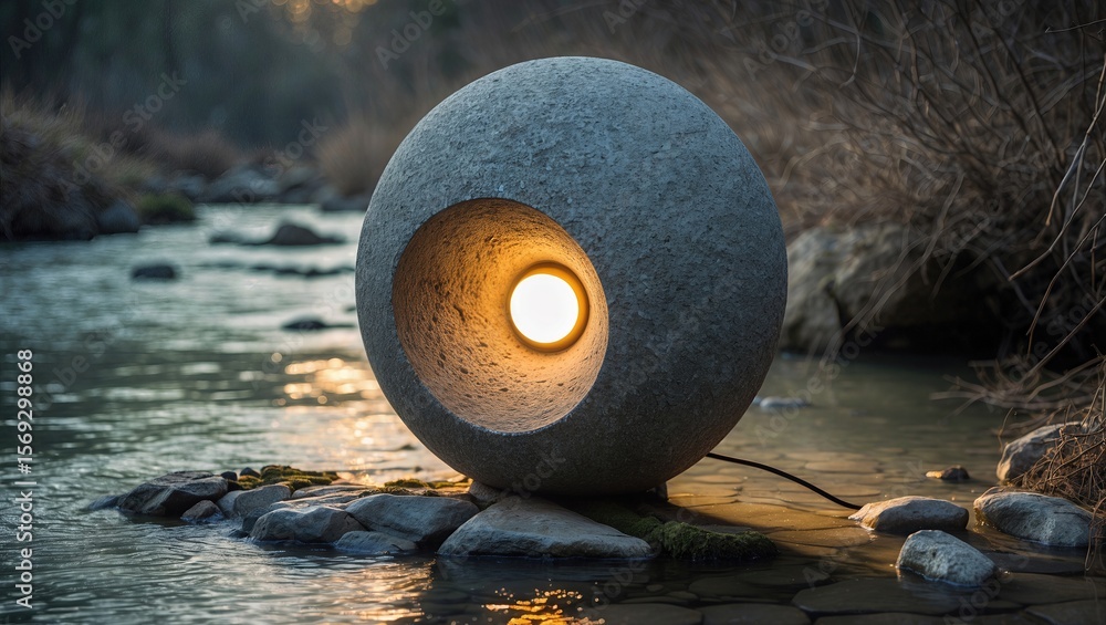 Poster a uniquely designed spherical light fixture illuminated at dusk near a tranquil creek surrounded by 