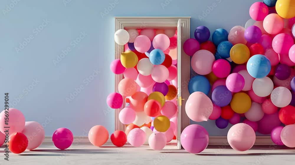 Aufkleber room with a door that is open and filled with balloons of different colors. the balloons are scatter