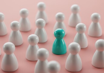 One teal pawn stands out among many white pawns on a pink background